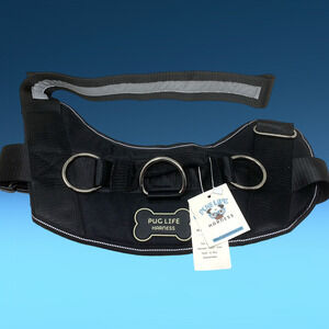 New PUG LIFE Harness Dog Canine Sz XXL Black Nylon No-Pull 3-Point Rings NWT